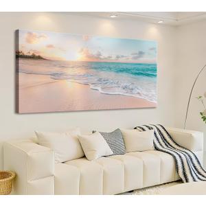 Beach Canvas Wall Art - Sunset Ocean Picture Green Nature Seascape Painting Print for Kitchen, Bedroom, Living Room Decoration, Large Coastal Artwork Poster for Wall Decor 20"x40"