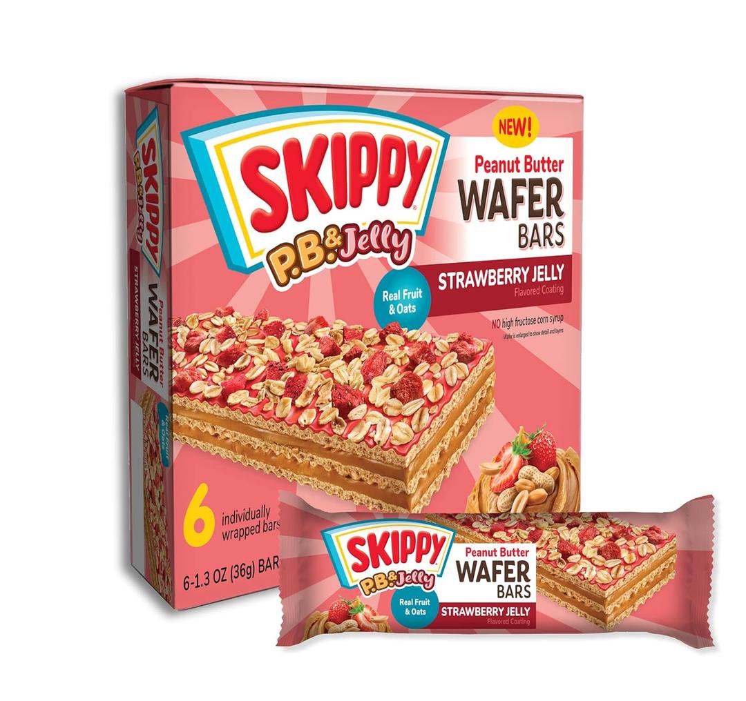 SKIPPY P.B. & Jelly Wafer Bars, Strawberry Jelly Flavor, Real Fruit & Oats, 6 Individually Wrapped Bars (7.8 oz)