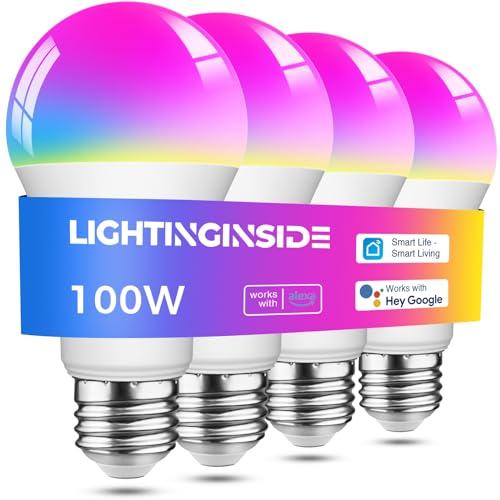 Lightinginside Smart Light Bulbs 100W Equiv., 1350LM 11W Smart Bulb Works with Alexa/Google Home/Smart Life, A19 E26 RGBCW Color Changing, No Hub Required, 2.4G WiFi Bluetooth Bulb, ETL Listed, 4PCS