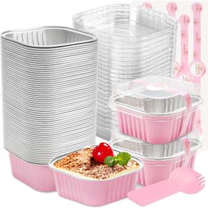 60 Pack Mini Cake Pans with Lids Foil Pans Square Aluminum Pans with Lids Cupcake Liners for Birthday Wedding Party Gift (Pink, 5 oz)