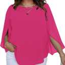 SCOMCHIC Plus Size Blouses for Women Summer Chiffon 3/4 Sleeve Tunic Tops Dressy Scoop Neck Casual Loose Flowy Shirts (X-Large Plus, Hotpink)