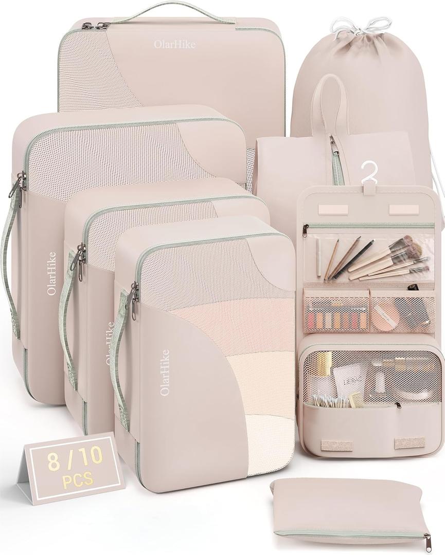 8 Set Packing Cubes for Travel, Gifts for Women Mom,Anti-Tearing Suitcase Organizer for Luggage with Shoe & Hanging Toiletry Bag,OlarHike Vacation Essentials & Accessories for Cruise Ship,Cream (8 set (Short-Term Trip), 8 set - Angel Cream)