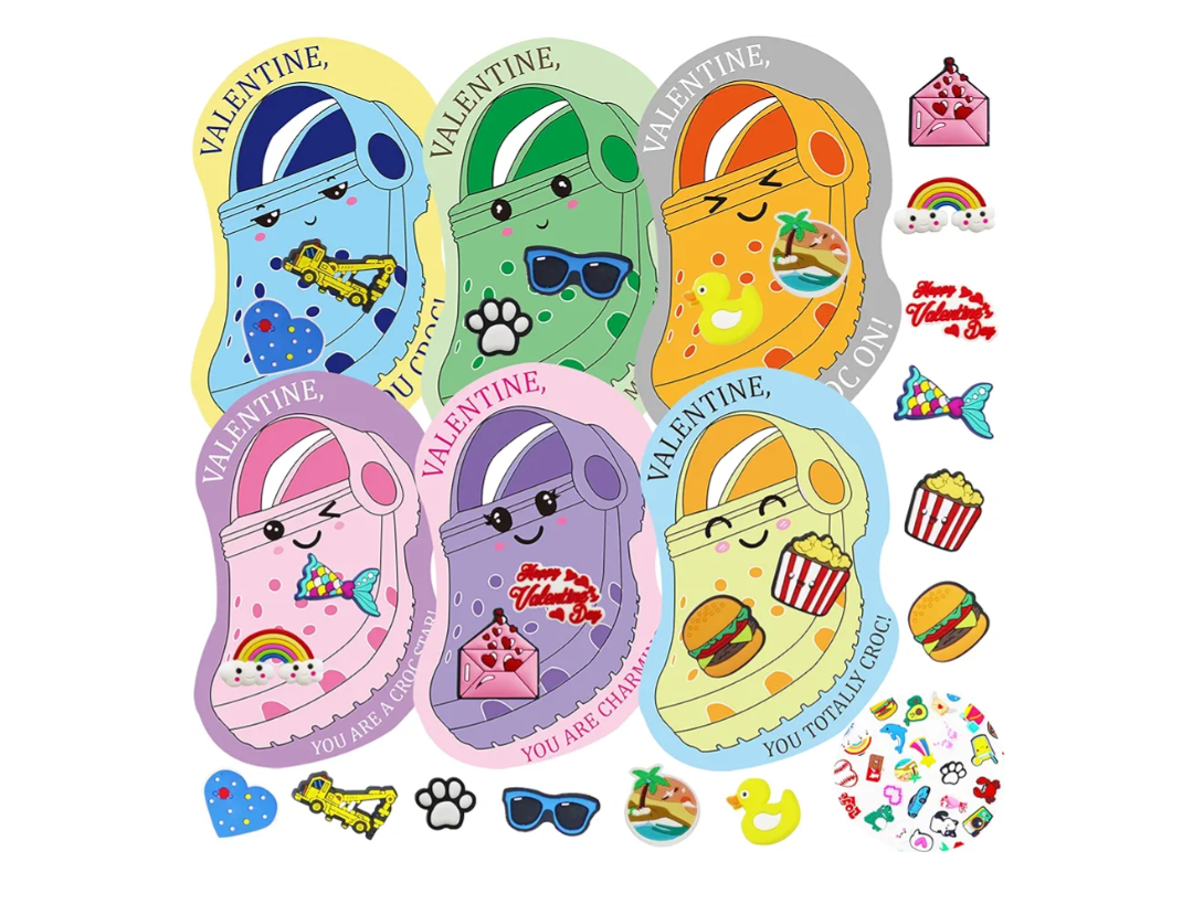 Valentines Day Gifts for Kids Classroom, 30 Valentine Cards Bulk for School Class Prizes Boys Girls Exchange Gift 60 Shoe Charms Goodie Fillers