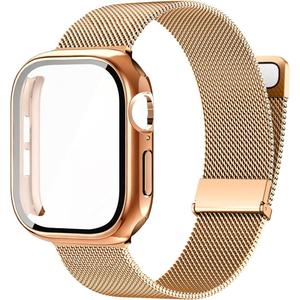 Waterproof Stainless Steel Milanese Band with Case Compatible for Apple Watch (Rose Gold, 45mm-Series 9 8 7)