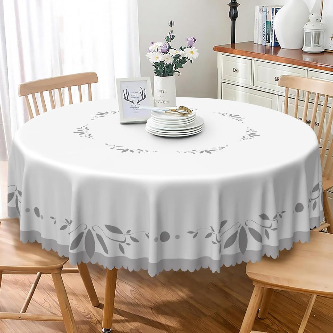 Gray Leaf Print Round Tablecloth 42 Inch Ring Pattern Fabric Table Cloth Polyester Wrinkle Resistance Washable Retro White Circular Table Cover for Garden Picnic Kitchen Dining Patio Decor
