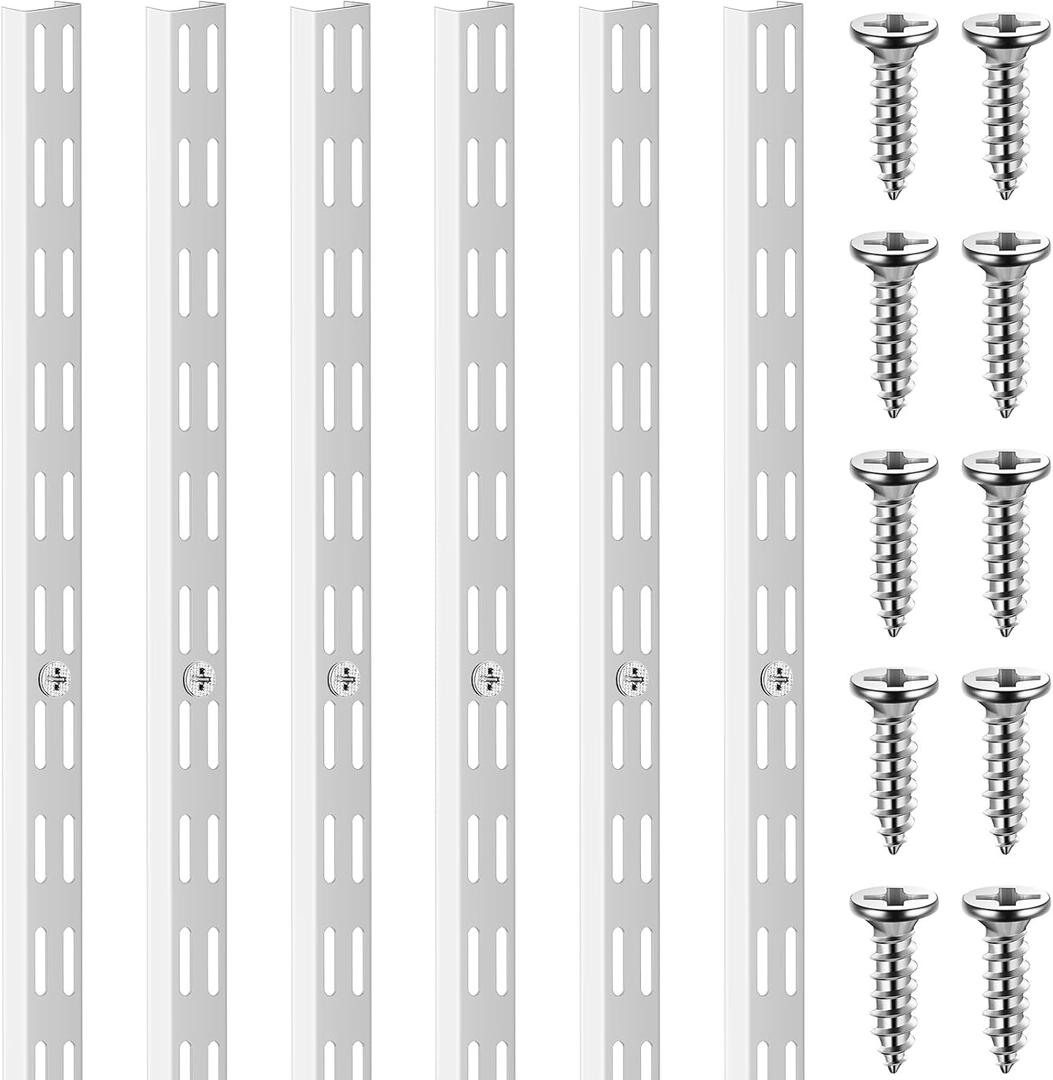 MorningRo 6 Pcs Dual Track Upright Wall Shelving System Heavy Duty Support System Twin Slot Shelf Rail Shelf Standards for Pantries Linen Closets Laundry Rooms(White,25 Inch)