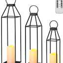Perfnique Set of 3 Black Metal Lanterns w/ Waterproof Flickering Flameless Candle & Remote Timer, Modern Farmhouse Lanterns Decorative for Outdoor, Front Porch, Indoor, Patio, Garden, Fireplace