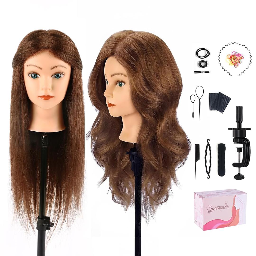 Mannequin Head with 100% Human Hair,18'' Real Hair Cosmetology Mannequin Manikin Head Hair Styling Hairdressing Practice Training Doll Head with Clamp Holder and Tools (Dark Brown Blue Eyes)