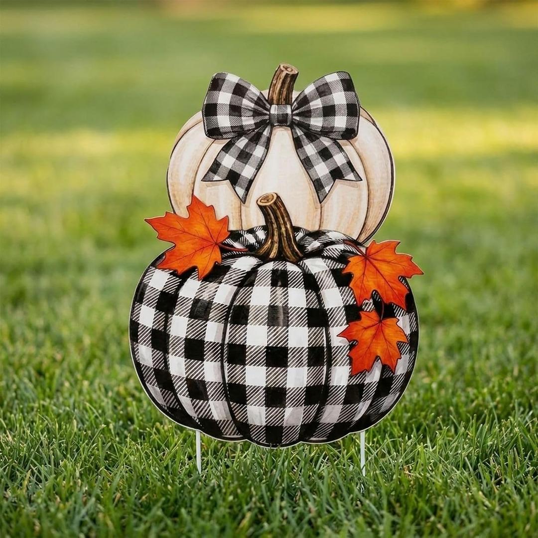 2 Pcs Black and White Fall Decor - Stacked Pumpkins Decor Metal Fall Yard Stakes Welcome Autumn Yard Sign for Home Decorations 30.7×14.2 Inch