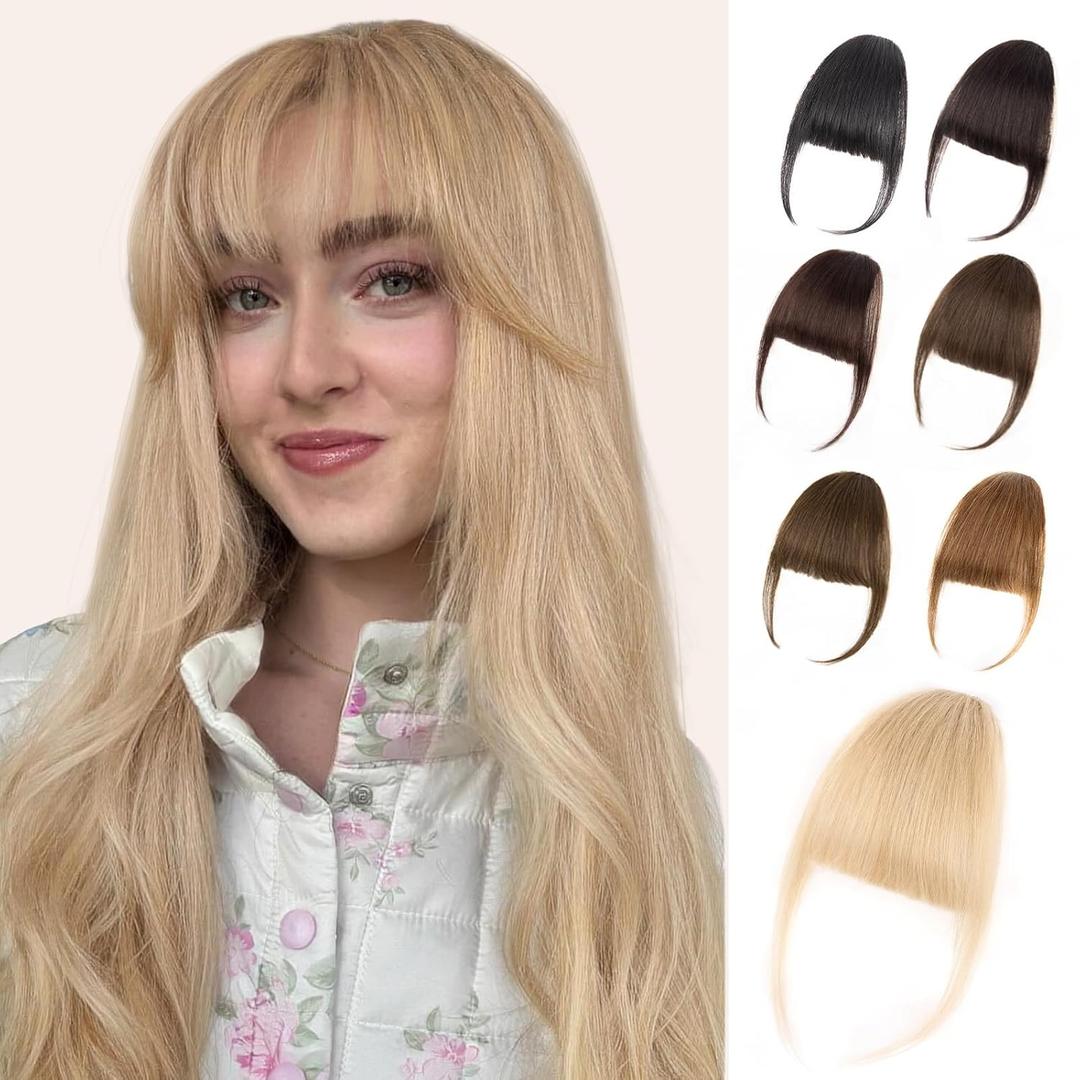 EINAEY Clip in Bangs 100% Real Human Hair Fringe with Temples, Butter Blonde Wispy Bangs Hair Clip Hairpiece for Women, Natural Look, Easy Trim & Secure BB Clips for Daily Wear
