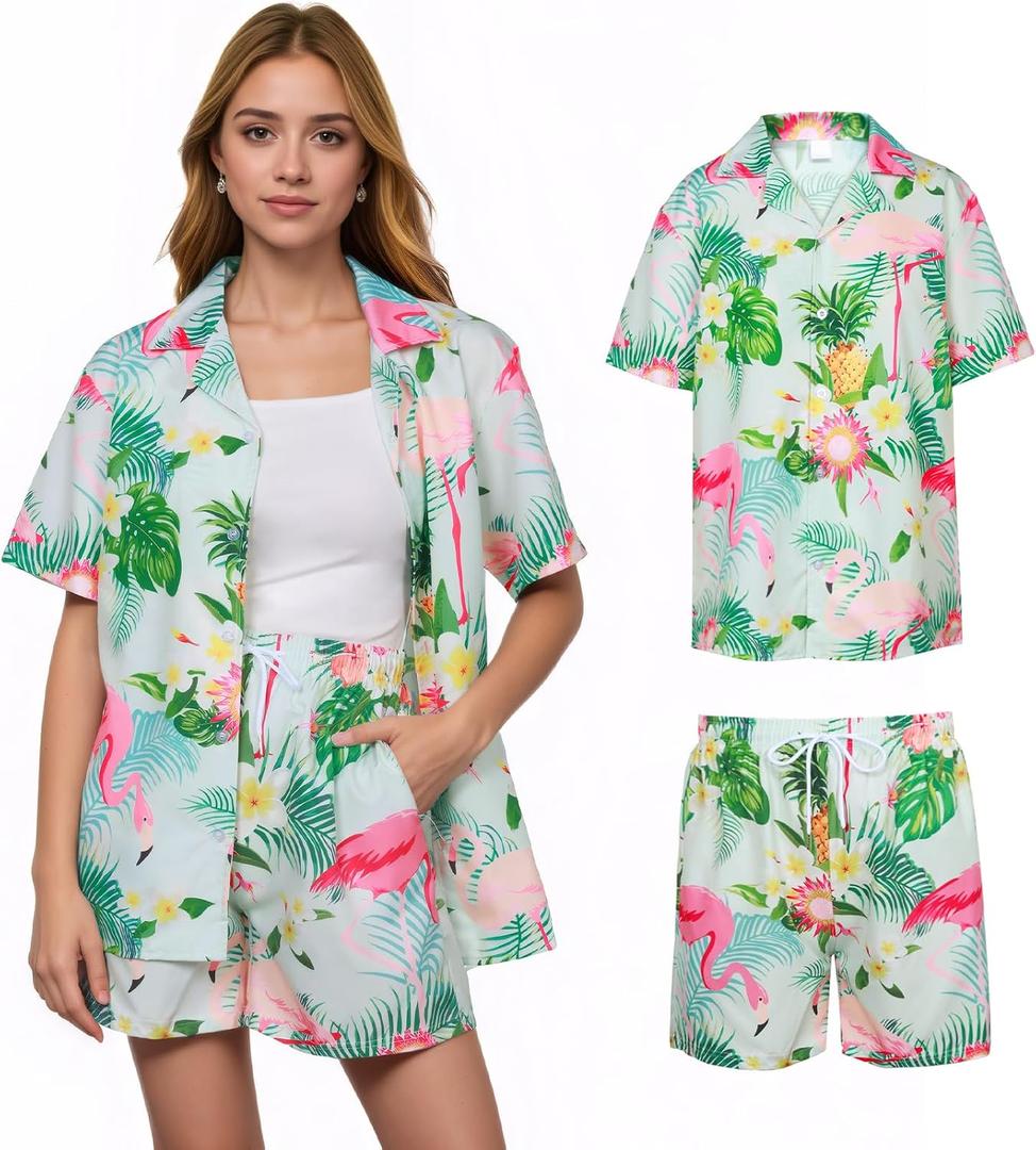 Women's Hawaiian Shirt Shorts Floral Tropic Button Down Shirts Short Sleeve Outfits for Vacation Beach Summer Lounge Suit (Color 1, X-Large)