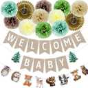 Woodland Baby Shower Decorations, 14Pcs Forest Animals Party Set with Welcome Baby Banners Paper Flowers Pom Poms for Boys Girls, Woodland Creatures Indoor & Outdoor Celebrations