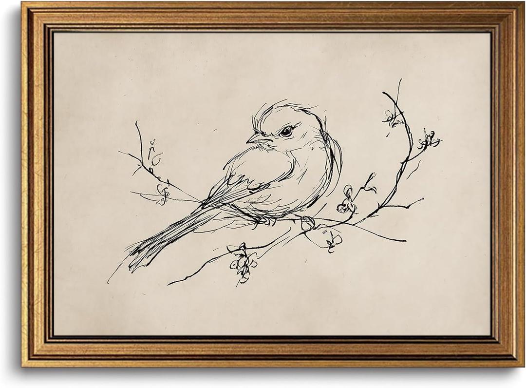 Gold Framed Wall Art Vintage Minimalist Birds Canvas Art Farmhouse Animals Picture Sketch Wall Decor Antique Prints Rustic Paintings Country Artwork for Bedroom Bathroom Living Room 16x24 Inch