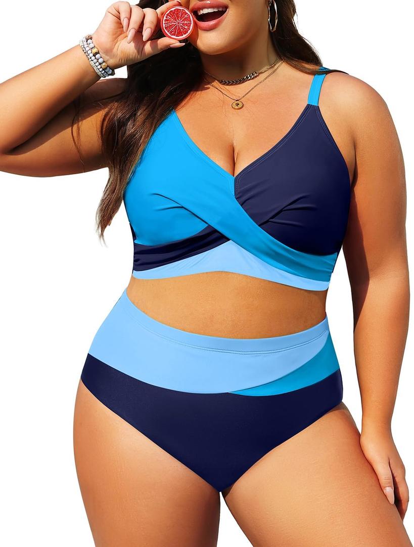 Plus Size Two Piece Swimsuit - Women High Waisted Bikini Set Tummy Control Bathing Suits (Blue), Size: 12 Plus