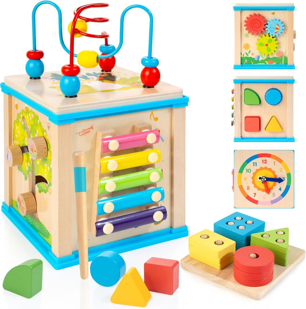 WOODMAM Wooden 7-in-1 Activity Cube, Montessori Toys for 1 Year Old Toddlers, Baby Educational Developmental Toys, One Year Old Boys Girls First Birthday Gifts with Bonus Sorting & Stacking Board (Blue)