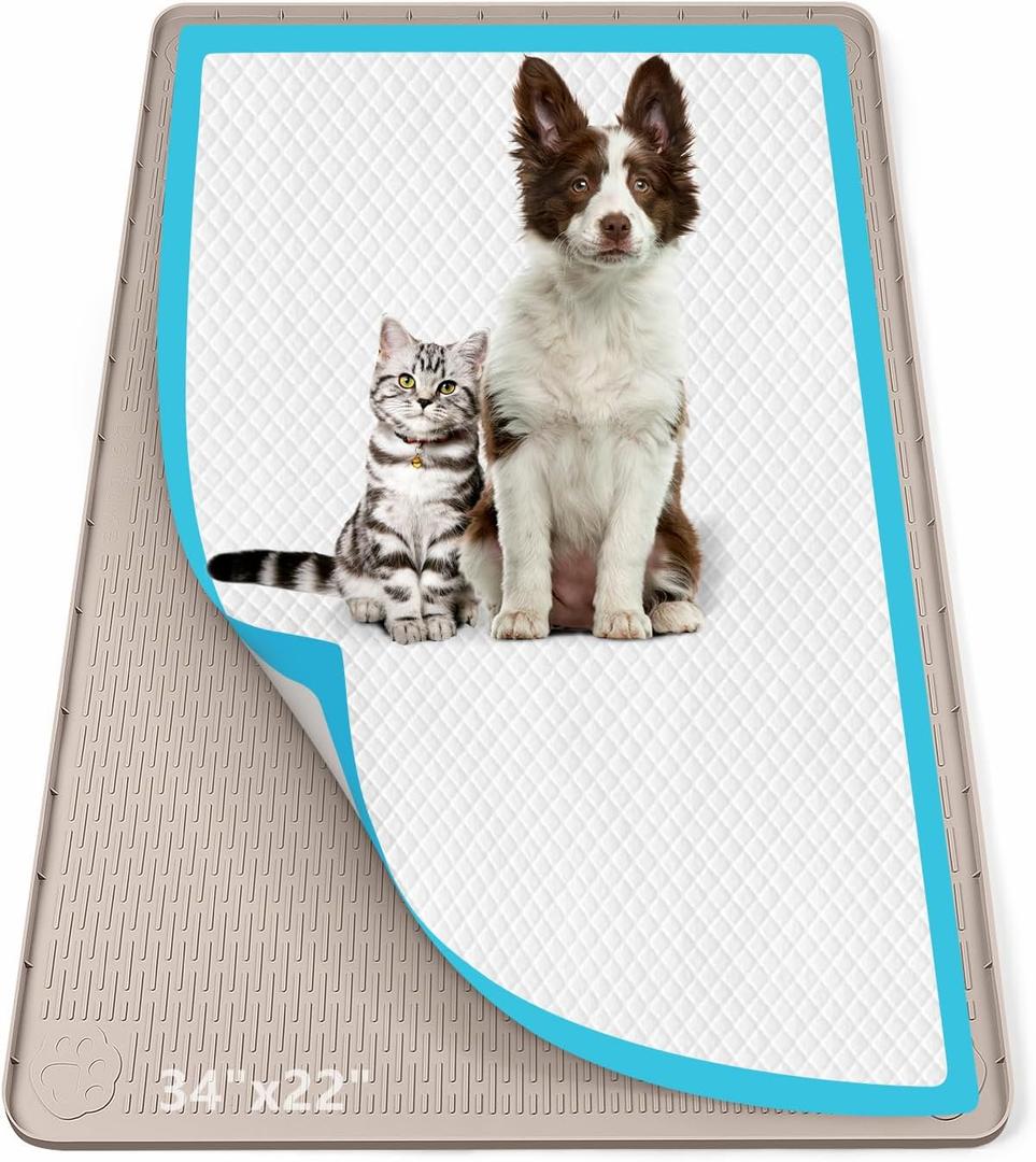 Pee Pad Holder for Dogs, 34" x 22" Silicone Pee Tray Mat Leak-Proof, High Edge, No Spill Pet Pad Holder for Puppy, Cat, Rabbit, Training Pads for Floor Protection, No Pee Pads (Khaki)