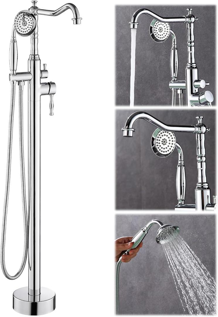 Free Standing Tub Faucet, Floor Mount Bathroom Tub Filler, Freestanding Bathtub Shower Faucets with Handheld Sprayer, Chrome