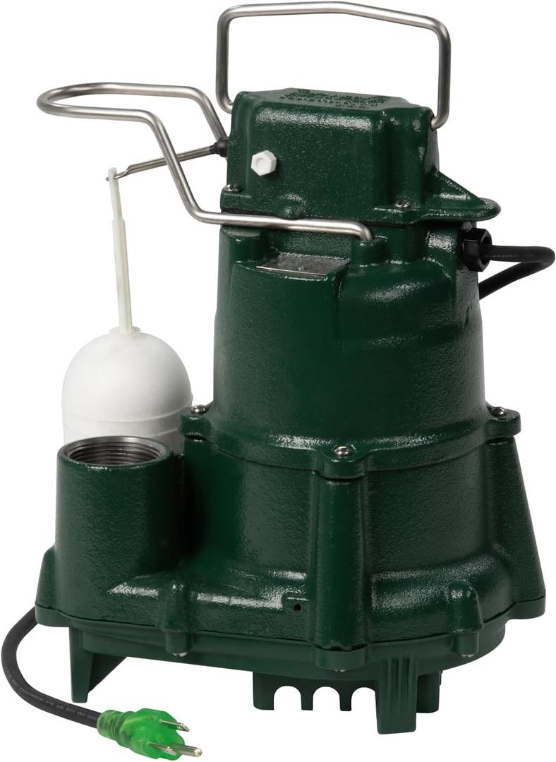 Zoeller M98 Flow-Mate Sump Pump - 1/2 HP - Cast Iron - LED Power Plug - High Flow - Vortex Impeller - Stainless Steel Hardware - Factory Tested and Float Operated - Submersible Sump Pump - 115V (Green)