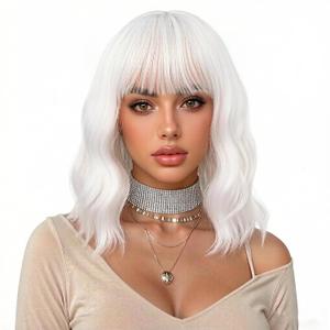 eNilecor White Wig,Short Bob Wig for Women, Curly Wavy Colored Wigs with Air Bangs, 14" Natural Looking Heat Resistant Synthetic Hiar Replacement Wigs for Party, Cosplay, Fun, Daily Wear