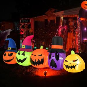 Tangkula 9 FT Inflatable Pumpkin Patch Family, Blow up Yard Decoration with Built-in LED Lights and Witch Hats, Halloween Inflatable Jack-o-Lantern Pumpkin Combo for Garden, Lawn and Patio