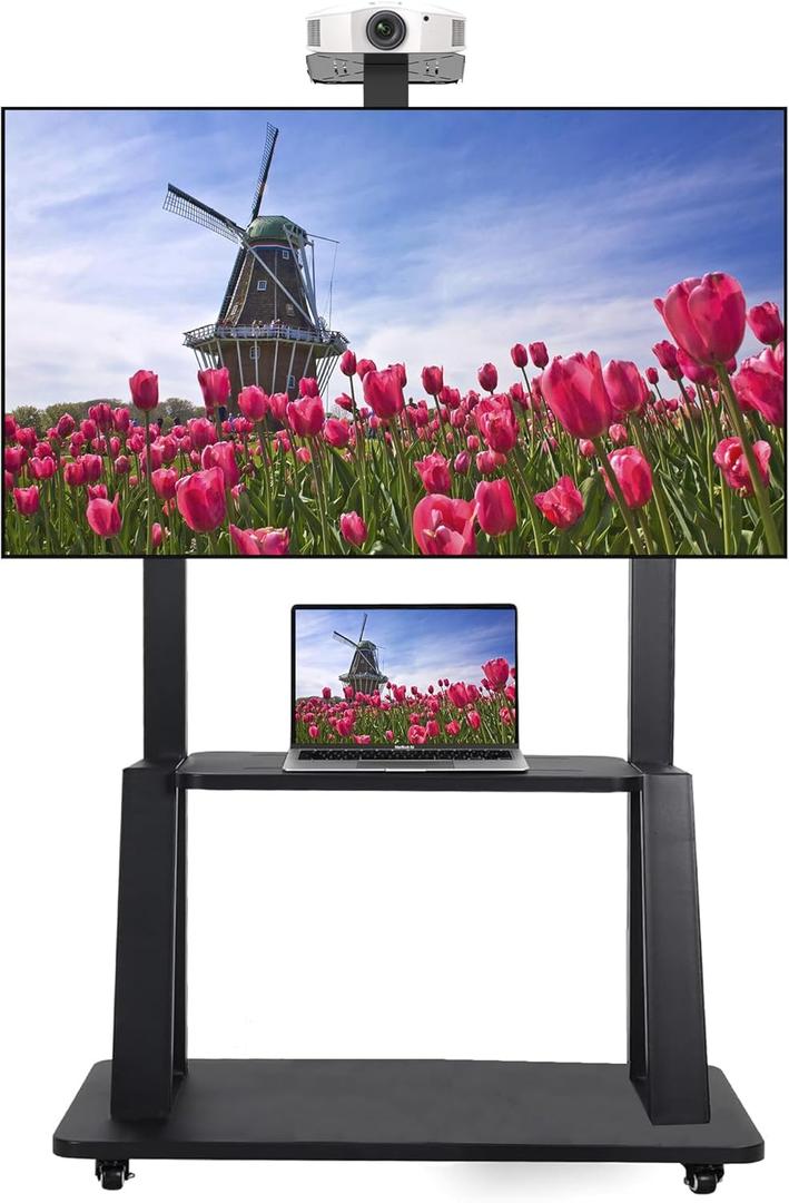 Rolling TV Stand with Wheels Heavy Duty Mobile TV Cart for Most 32-75 Inch Flat/Curved Screens, Portable TV Floor Stand with Shelf Large Base, Max VESA 600x400, up to 220 lbs 