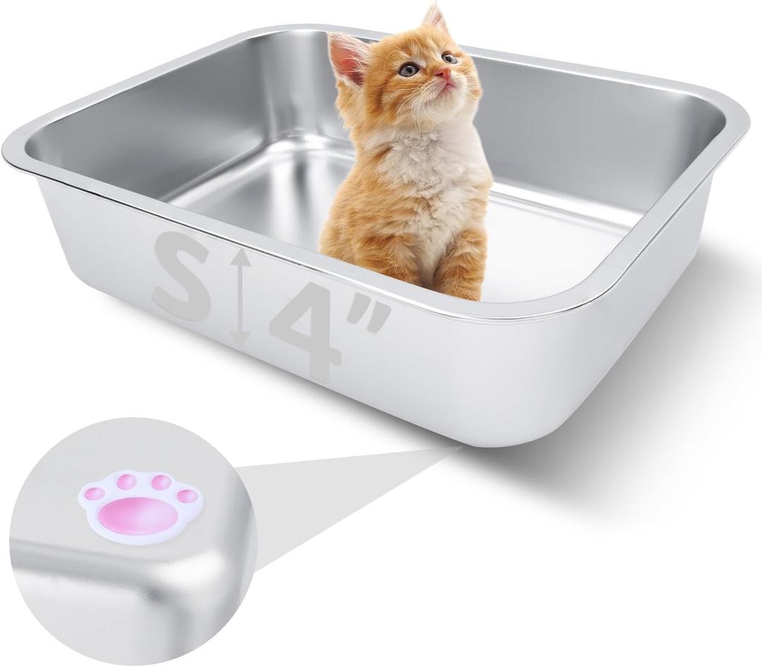 Small Stainless Steel Litter Box for Kittens, 15.5"11.6"4" Metal Litter Box for Kitten Rust-Proof, Non Stick, No Smell, Easy to Clean for Cats Rabbits