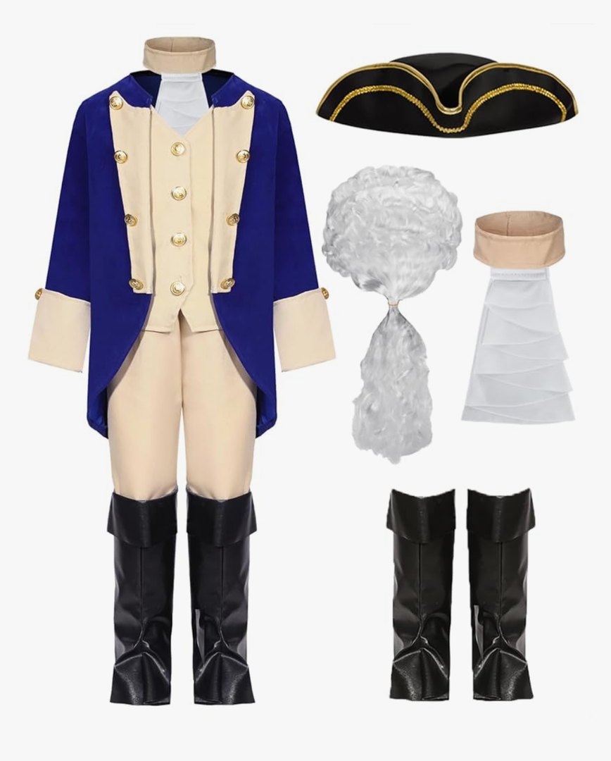 George Washington Costume Founding Father Costume Outfit Hamilton Cosplay American Colonial Uniform with Wig, Medium