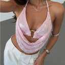 MakeMeChic Women's Summer Crochet Halter Tank Top Open Back Draped Front Rave Festival Vacation Going Out Tops (Pink, S)