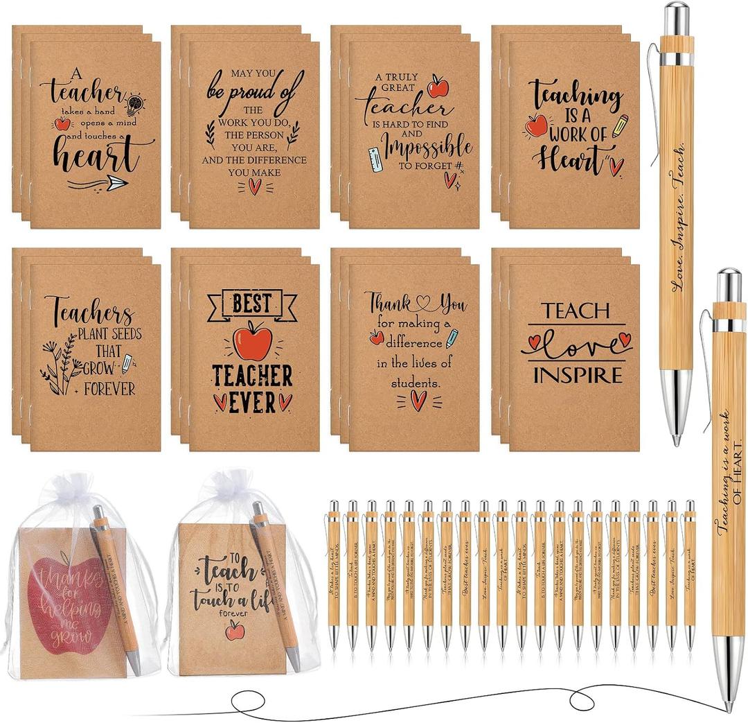 Jutom 30 Sets Teacher Appreciation Gifts Bulk Inspirational Kraft Notepads Small Notebooks Journal Motivational Bamboo Ballpoint Pen with Organza Bag for Best Ever Teacher Thank You Gifts