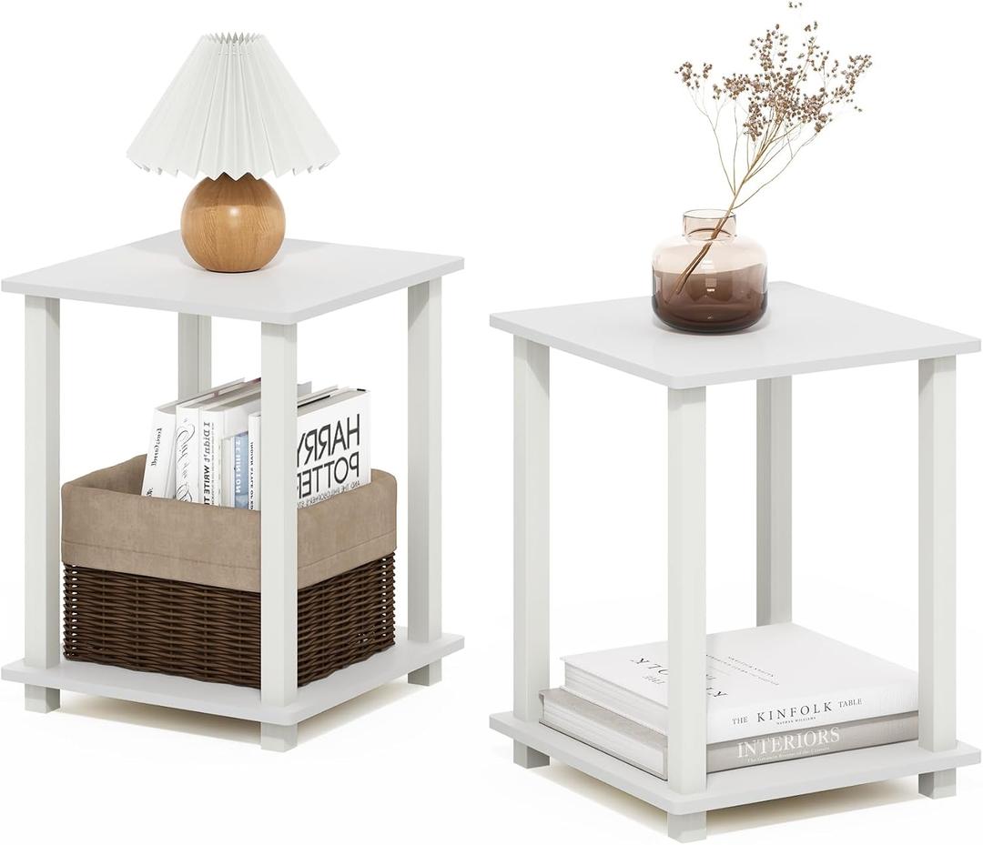 Furinno Simplistic Side Table Set of 2, 2-Tier Square Modern End Table, Nightstand, Night Stand, Bedside Table, Toolless Assembly, for Living Room, Bedroom, White, 2-Pack, Plastic Frame