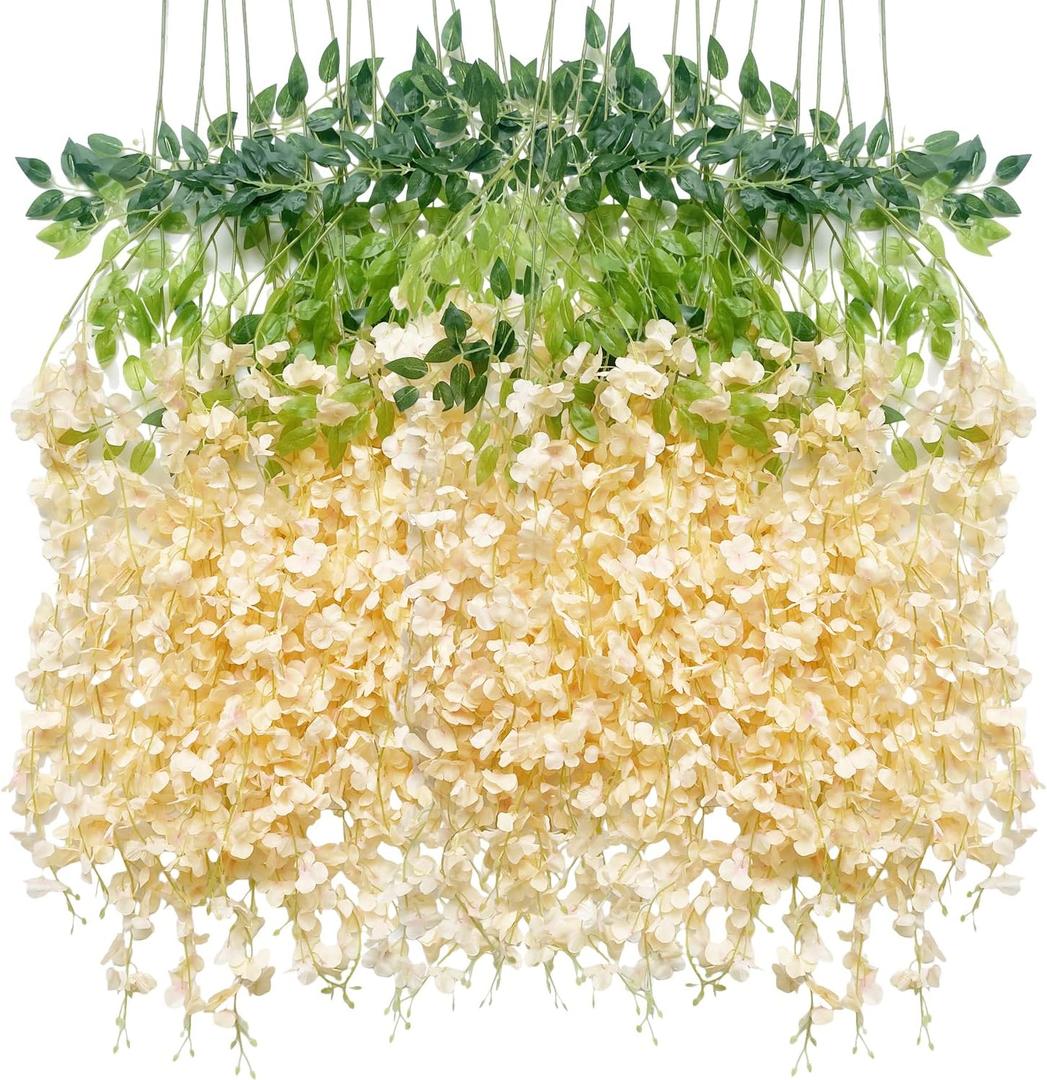 Artificial Wisteria Hanging Flowers-Fake Wisteria Flower Garland Silk Vines Rattan Decor for Home Wedding Arch Wall Garden Greenery Bedroom Outdoor Office Party Decoration (12, Champagne)