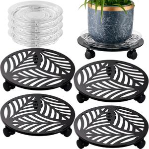 4 Packs Large Metal Plant Caddy with 3 PU Wheels 12" Heavy-Duty Wrought Iron Rolling Plant Stands Indoor Outdoor Wheeled Plant Dolly Planter Mover Rollers Plant Trolley Cart, Plant Saucers Included