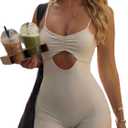 Verdusa Women's Hollow Out Romper Ruched Spaghetti Strap Backless Workout Short Jumpsuit (White, S)