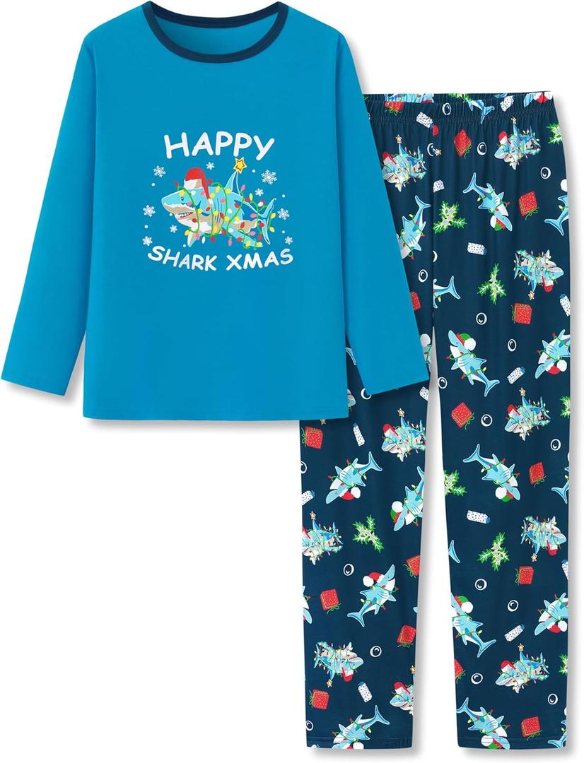 Tebbis Cozy Pajamas For Little/Big Boys Blue Shark Pattern Long Sleeves Holiday PJs Set Kid Size 6-18 (10)