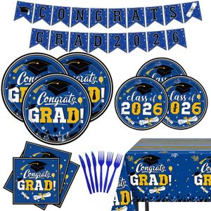 Graduation Party Supplies 2026,Black and Blue Tableware Set for 20 Guests,Disposable Paper Plates Napkins Cutlery Tablecloth Congrats Grad Banner for College High School Decorations Class of 2026