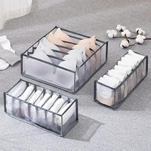3 Set Underwear Organizer, Foldable Bra Underwear Drawer Organizer Divider Bins for Underwear, Socks, Ties, Bras, Underwear Storage Compartment Box (Gray)