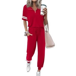 MASCOMODA 2 Piece Outfits for Women 2025 Summer Casual Quarter Zip Short Sleeve Tops Long Pants Tracksuit Jogger Lounge Sets, M, Red