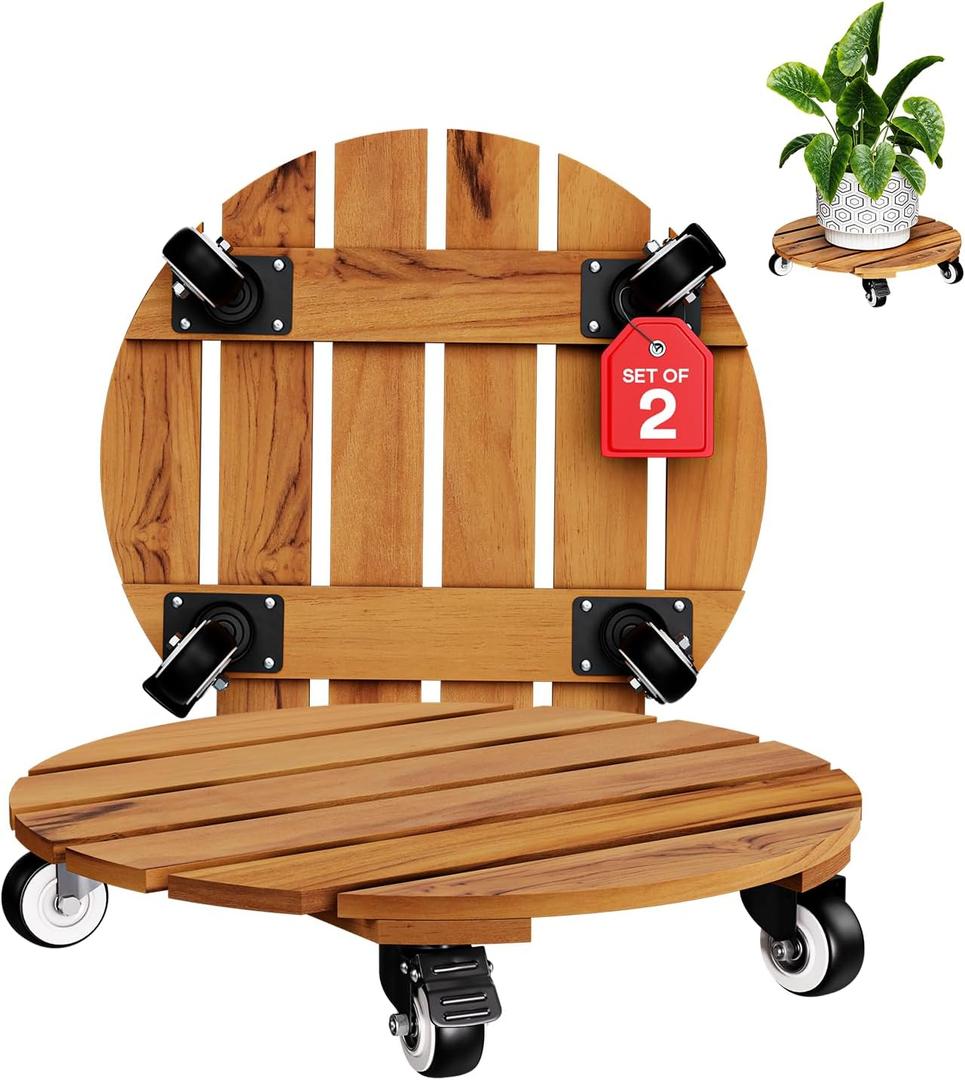Idzo 2-Pack 14 Inch Acacia Wood Rolling Round Plant Caddy, Plant Caster for Heavy Duty Plant Stand with 360 Lockable Wheels, 264 lbs Capacity Caddy for Indoor and Outdoor Use, Natural Wood