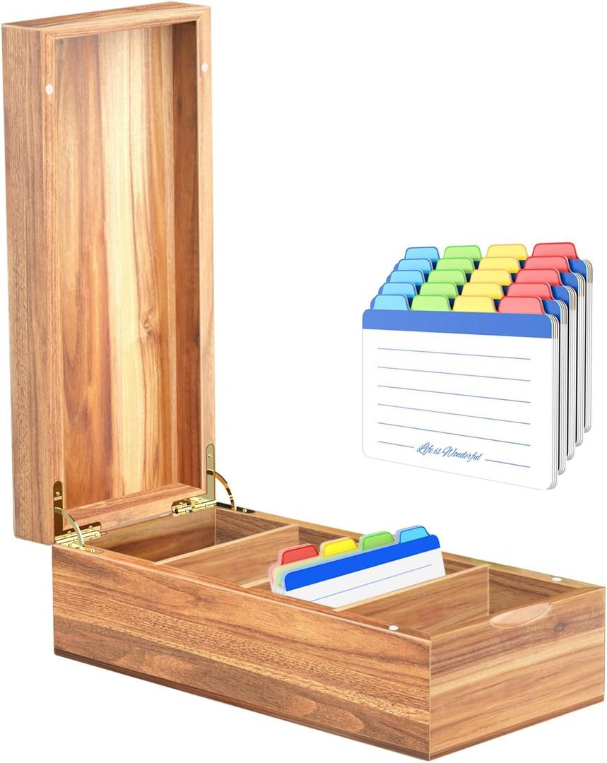 Neando Acacia Wood Business Card Holder with Lid  2x3.5 Index Card Organizer with 5 Compartments, Holds 600 Cards, Magnetic Closure, 20 Blank Tabs  Rustic Desktop Filing Box for Office & Home