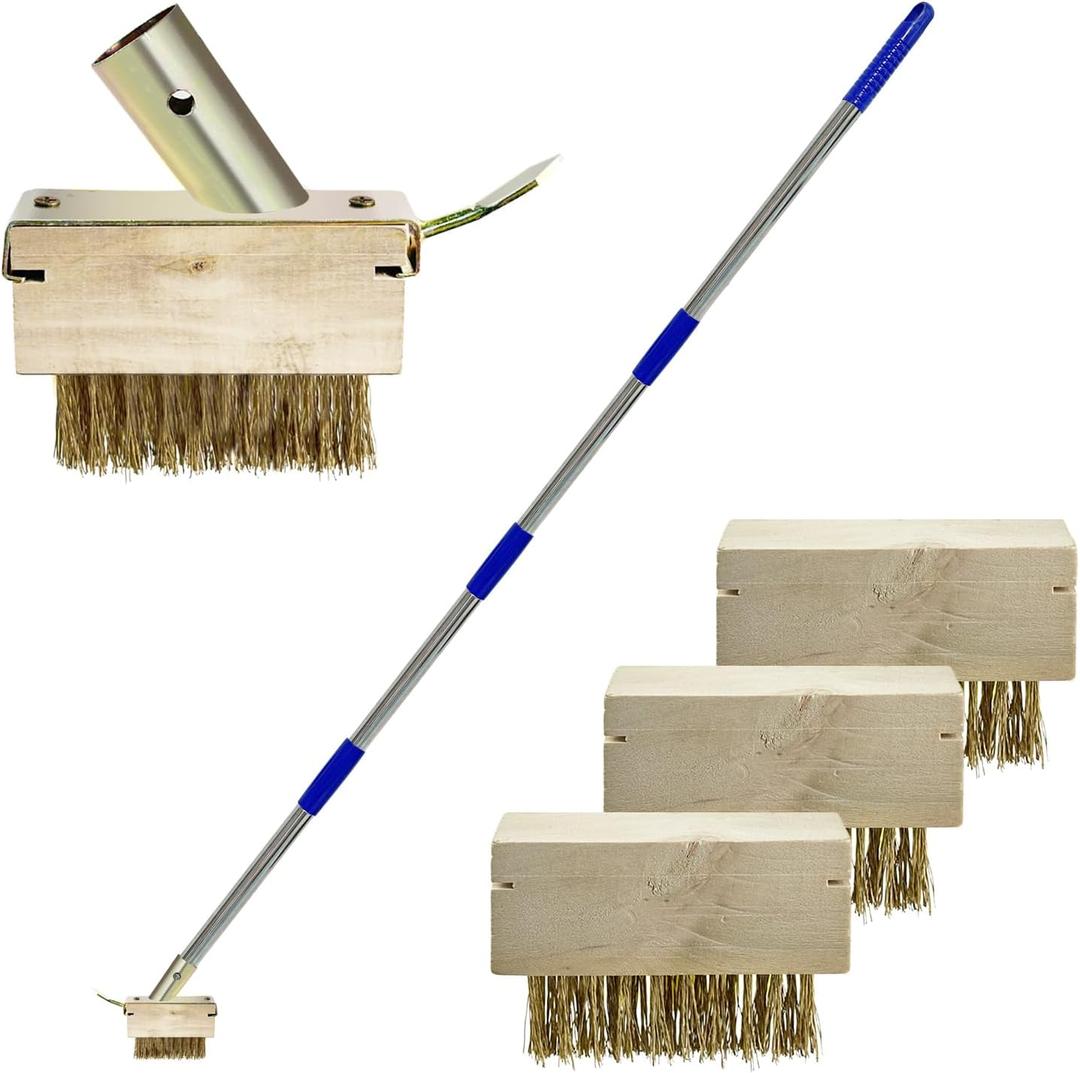 Crack Weeder with 4 Weed Brush Heads, 57 Inch Long Manual Crevice Weeding Tool, Moss Weed Puller Tool Grout Brush with Steel Handle for Deck, Walls, Paver, Patio, Walkway, Blue
