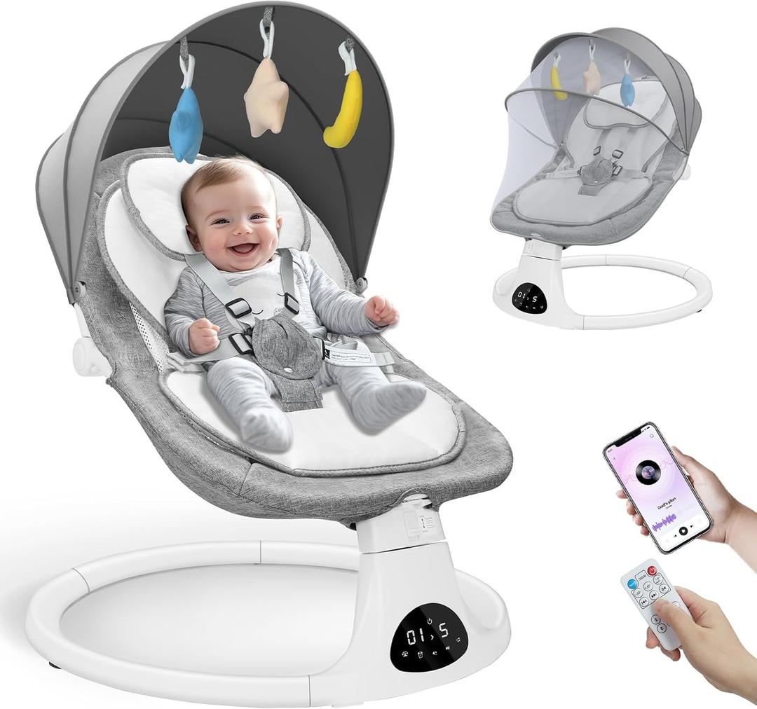 Baby Swing for Infants to Toddler - Electric Baby Swings Hold Up to 30 LB with 5 Point Safety Belt- Portable Swings with Remote Control Bluetooth & 3 Timing Set 3 Adjustable Gear 5 Speed Mode,Gray