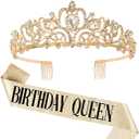 COCIDE Birthday Queen Sash & Rhinestone Tiara Set Silver Birthday Sash and Tiara for Women Birthday Decoration Kit Rhinestone Headband for Girl Glitter Crystal Hair Accessories for Party Cake Topper (4 Gold)