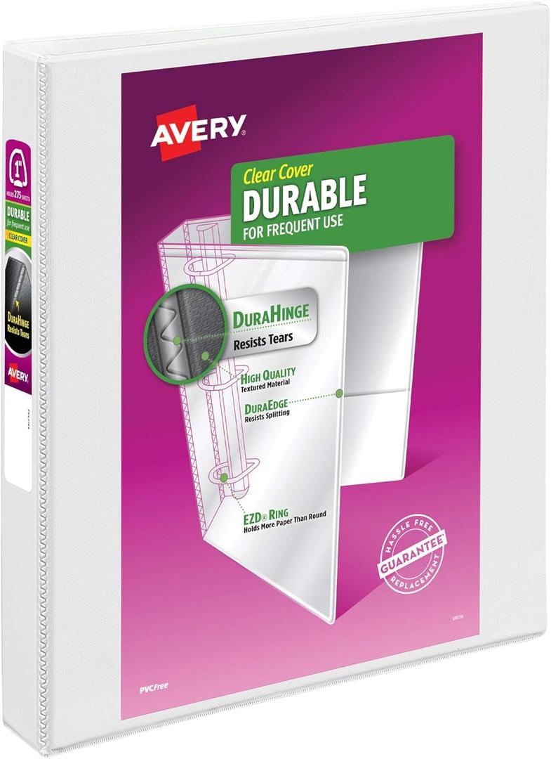 Avery Durable View 3 Ring Binder, 1 Inch EZD Rings, 1 White Binder (09301)