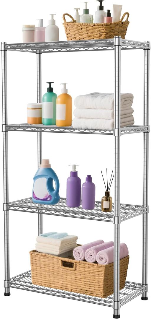4- Shelf Storage Shelves Wire Shelving Unit Adjustable Metal Shelving Sturdy Steel Commercial Shelf organize Rack Units Heavy Duty 2200 LBS,for Garage Laundry Bathroom Organization Kitchen Closet (Silver)
