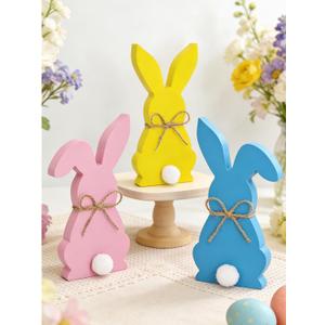 Easter Decorations for Home, 3 Pcs Wooden Easter Bunny Decorations, Farmhouse Easter Home Table Decor, Tiered Tray Centerpiece & Gift (Blue,Yellow,Pink)