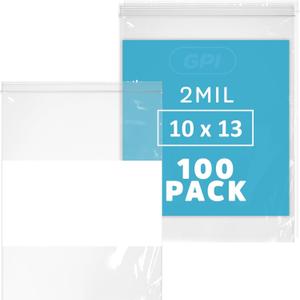 10" x 13" Large Zip Bags, 2 Mil Thick Clear Plastic Reclosable Zipper Lock Bags with Write-on White Block, with Resealable Zip Top Lock for Food Storage & Office Supplies