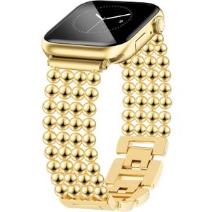 JR.DM Beaded Bracelet Gold Band Women Compatible with Apple Watch 38mm 40mm 41mm 42mm（S11/10）, Adjustable Metal Replacement Strap, Fashion Dressy Wristband for Iwatch SE Series 11/10/9/8/7/6/5/4/3/2/1