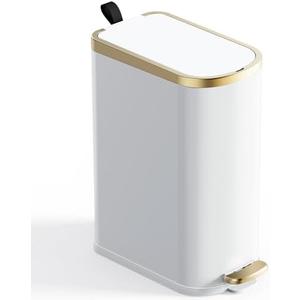 CEROELDA Small Bathroom Trash Can with Lid Soft Close-10L/2.6 Gal Slim Garbage Can-Metal Step Wastebasket-Rectangle Narrow Waste Bin for Office, Bedroom, Toilet, Live Room (White)