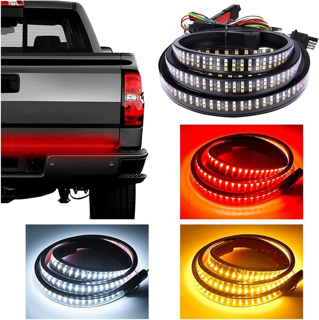2 x 59" LED Tailgate Light Bar, IP67 Triple Row LED Tail Strip, Amber Turning Signals Lights Red Brake Running White Reverse Lights with Connector Wire, Rear Light Bar for Pickup Trailer SUV RV Van