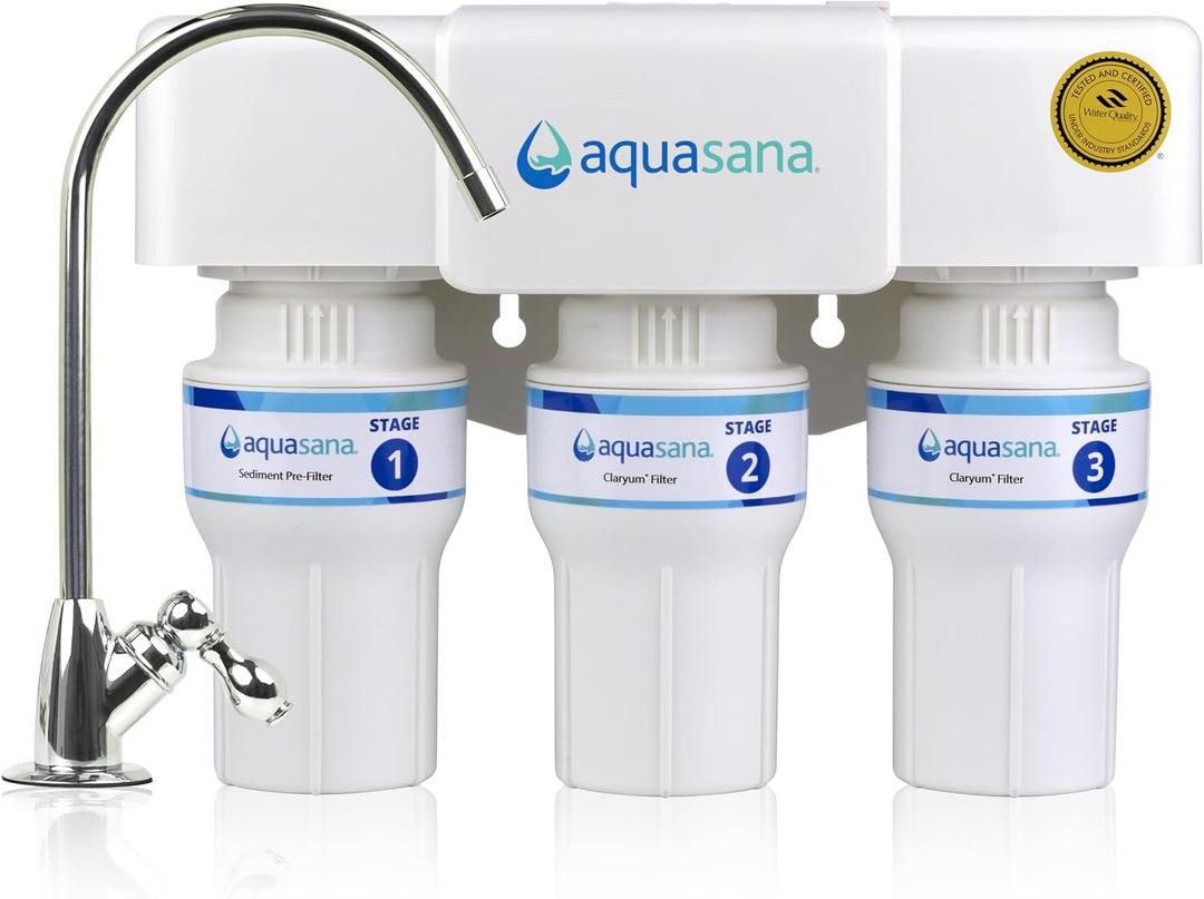 Aquasana Under Sink Water Filter | 3-Stage Claryum Filtration | Reduces up to 99.99% of PFAS, Lead, Chlorine, & More | Under Counter Drinking Water Filter | Includes Chrome Faucet | AQ-6300-CHR